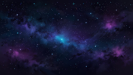 Fototapeta premium A mesmerizing abstract illustration of a starry night sky, featuring glowing stars of varying sizes scattered across a gradient of deep blue and purple hues, with soft swirls of cosmic light