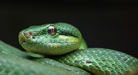 Fototapeta premium Close-up of a vibrant green snake showcasing its intricate scales
