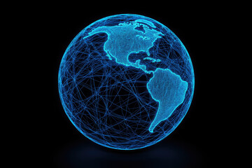 Naklejka premium A glowing blue globe with interconnected lines, representing global connectivity and digital networks.