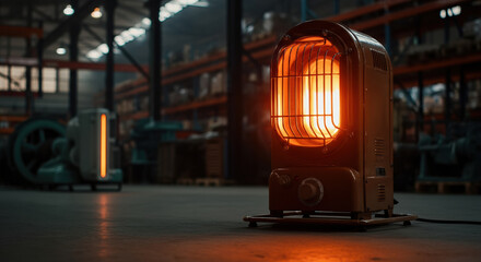 Vintage industrial heater glowing warmly in a spacious industrial warehouse