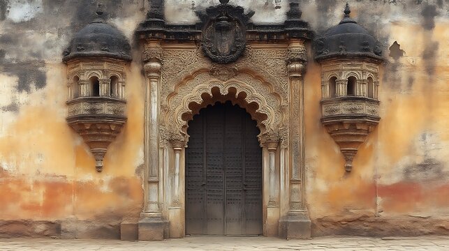 Ornate ancient doorway with flanking towers - Powered by Adobe