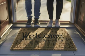 Welcome mat with two people standing at open doorway in warm light