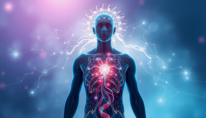Naklejka premium Human Energy System: Human body with glowing circulatory and nervous systems, highlighting vital energy flow