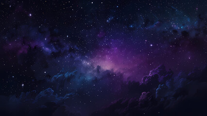 A mesmerizing abstract illustration of a starry night sky, featuring glowing stars of varying sizes scattered across a gradient of deep blue and purple hues, with soft swirls of cosmic light