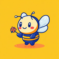 Obraz premium Cute cartoon bee holding flower, smiling joyfully against bright yellow background. This cheerful character embodies happiness and nature beauty