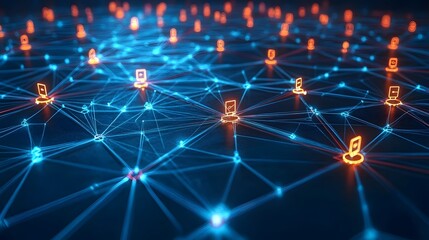 Vibrant Cyber Network Graphic with Interconnected Virtual Elements in a Glowing Digital Layout