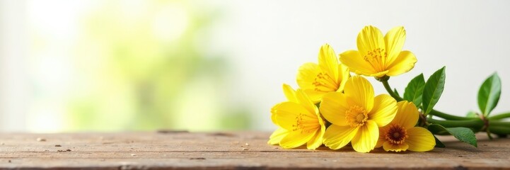 A bouquet of yellow Champakan flowers on a wooden table against a white background, garden, floral, table