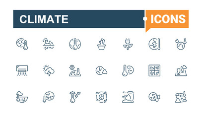 Climate icon set. Featuring change, warming, co2, cloud, tree, house, melting and more. Collection for mobile and web apps. Editable vector illustration.