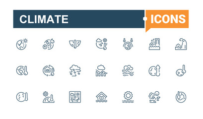 Climate icon set. Featuring change, warming, co2, cloud, tree, house, melting and more. Collection for mobile and web apps. Editable vector illustration.