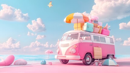Pink Van Packed For A Beach Vacation Trip