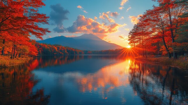 Autumn sunset, mountain lake, fiery trees reflected.