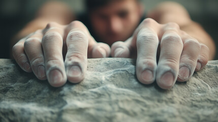 Climber reaching for a hold on a rocky surface during an indoor bouldering session in a climbing gym. Generative AI
