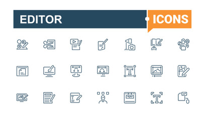 Editor icon set. Contains related to file, button, graphic, editing, element, website, write and more. Outline symbol collection. Editable vector stroke.