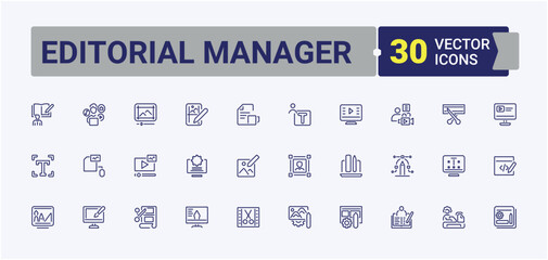 Editorial Manager linear icon collection. Featuring internet, social, element, note, interface, tool, media and more. Pixel perfect. Editable stroke. Vector illustration.