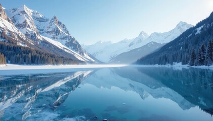Fototapeta premium A frozen lake reflects the snow-covered mountains, lake, calm, frosty
