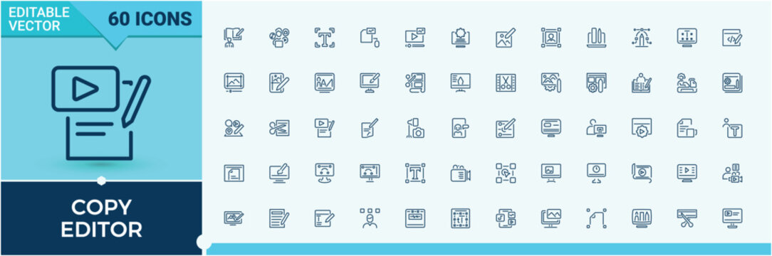 Copy Editor lined icons set. Contains such icons as write, button, graphic, computer, cut, edit and more. Thin linear style icons. Editable stroke. Vector illustration.