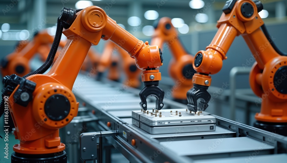 Leinwandbilder orange robotic arms operate on assembly line. handle components on conveyor. modern manufacturing pr