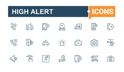 High Alert icon set. Featuring call, security, emergency, warning, assistance, medicine and more. Collection for mobile and web apps. Vector outline icons collection.