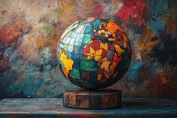 creative environmental concept featuring earth globe collage composed of diverse geometric patterns, textures and vibrant colors representing global diversity