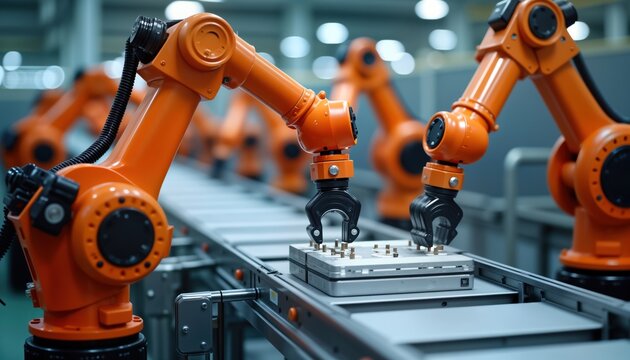 Orange robotic arms operate on assembly line. Handle components on conveyor. Modern manufacturing process at giga factory. Automated system for electric vehicle battery production. High tech