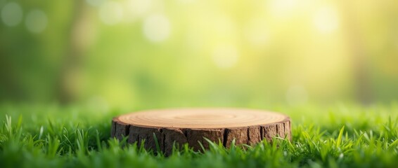 Naklejka premium Round wooden stump on green grass in sunlight. Natural outdoor mockup for product display or eco design concept