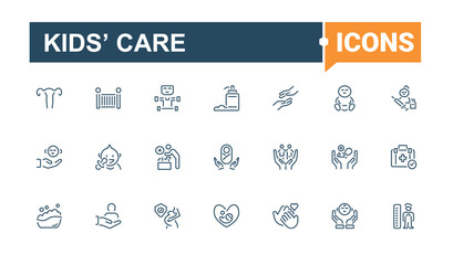 Kids’ Care lined icons set. Related to pregnancy, cloth, toys, childhood, newborn and more. Collection for mobile and web apps. Vector illustration in modern line style.