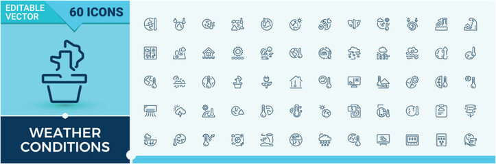 Weather Conditions minimal icon set. Featuring duct, storm, electric, co2, environment, Climate, sea and more. Web icons. Editable vector illustration.