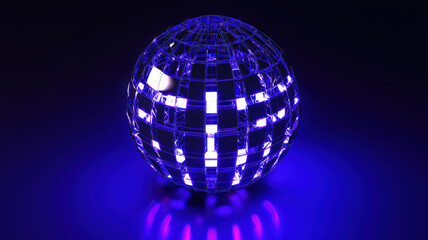 Obraz premium A futuristic wireframe sphere emitting a soft digital blue glow, showcasing intricate geometric patterns against a dark background, creating a high-tech and visually captivating effect. 