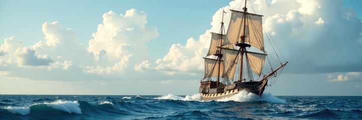 Fototapeta premium Ancient wooden sailing ship glides across waves, clouds, frigate