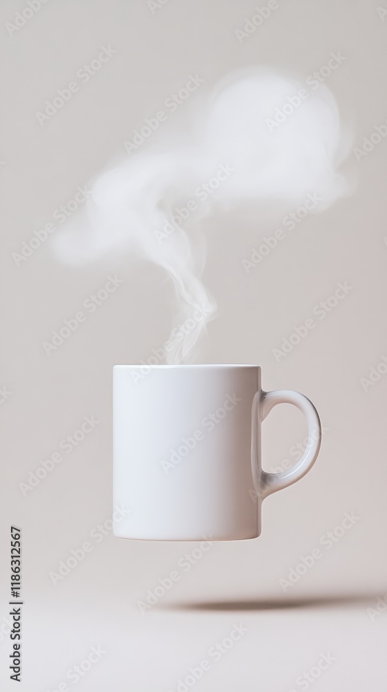 Poster floating in mid air, a clean white mug releases a gentle wisp of aromatic steam against a soft beige