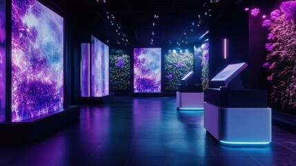 Museum Advocacy Days Futuristic neon art gallery with digital displays and purple lighting