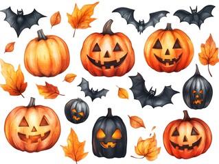 Happy Halloween concept. Pattern of ghosts, bats, and pumpkins
