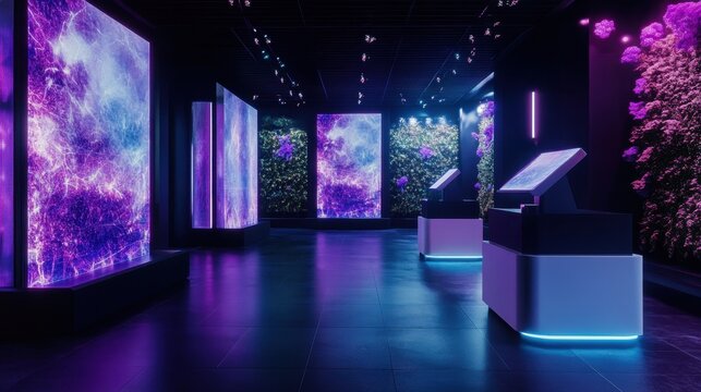 Museum Advocacy Days Futuristic neon art gallery with digital displays and purple lighting