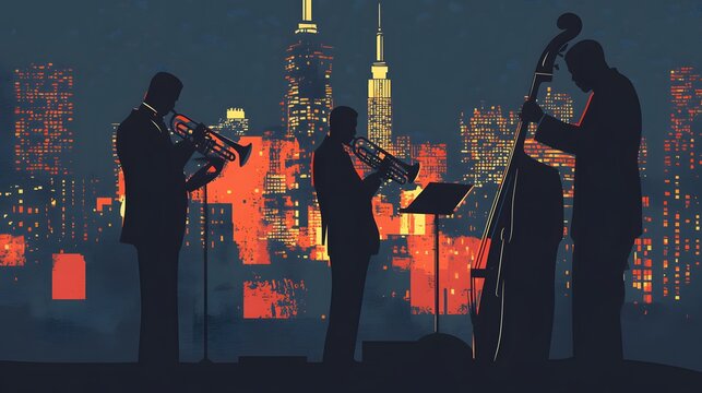 Jazz Trio Silhouetted Against City Night Lights