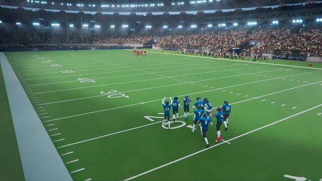Aerial Footage with American Football Team Entering the Crowded Arena with Supporting Fans, Excited and Ready for the Match. Professional Male Athletes in Red and Blue Jerseys Compete in a Stadium
