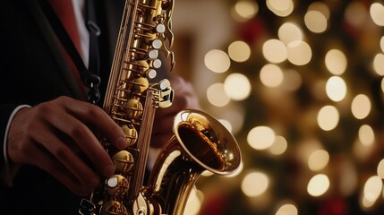 Obraz premium National Saxophone Day Elegant performance: african male young adult saxophonist with christmas lights