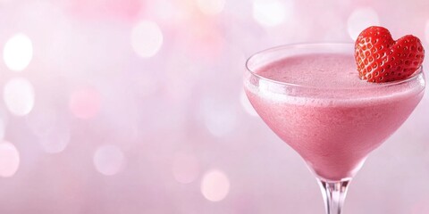 Valentine's Day Strawberry heart cocktail with pink background and bokeh effect