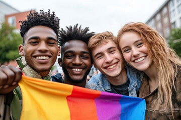 Happy multiracial young adult people having fun celebrating gay pride event. Group of diverse friends with different age and race having fun during LGBT social party. Sexual rights defense festival