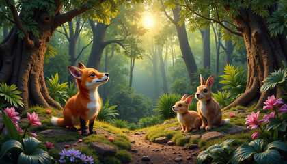 Charming fox and rabbits enjoying a sunny moment in a lush forest clearing