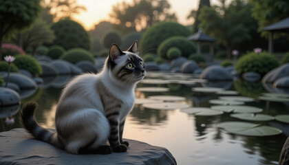 Obraz premium Cat gazing serenely at pond in peaceful garden, cats in gardens