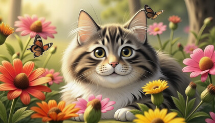 Playful cat interacting with butterflies in a flower garden, cats in gardens
