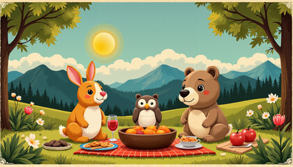 Naklejka premium Delightful picnic with a rabbit, owl, and bear enjoying food under the sun in the mountains