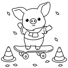 Little pig has fun playing skateboard, easy coloring for kids, vector, illustration, coloring book, coloring page