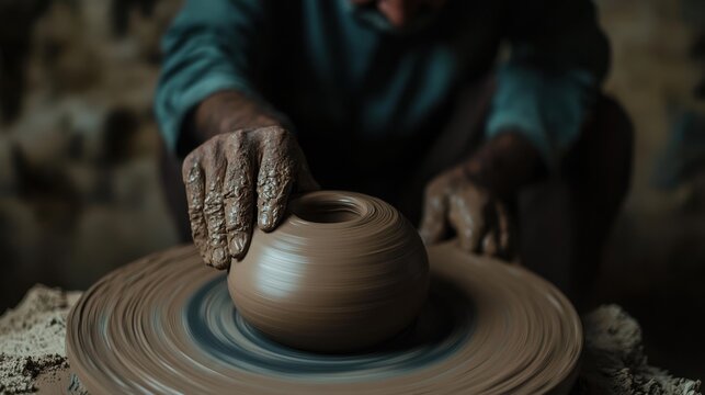 National Hobby Month Caucasian male adult shaping clay pot on pottery wheel in studio