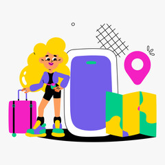 Female Traveler With Luggage, Map, And Large Smartphone In Flat Vector Illustration Symbolizing Travel, Exploration, And Navigation, Isolated On White Background.