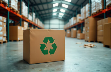 Eco-friendly cardboard box with recycling symbol in a modern warehouse. Sustainable packaging solution for logistics. Warehouse is filled with boxes. Future of eco-packaging for businesses.