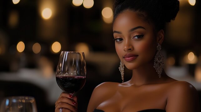 Elegant african female enjoying wine in dimly lit restaurant setting