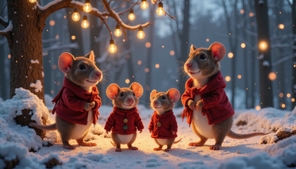 Adorable mice family celebrating with lights and smiles in a snowy forest