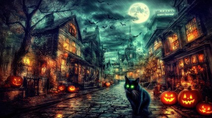 Halloween night scene, spooky cobblestone street with black cat, jack-o'-lanterns, and glowing buildings under a full moon.