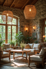 Cozy hotel lounge area featuring rattan pendant lamps, surrounded by nature and trees, style of Scandinavian interior design. 